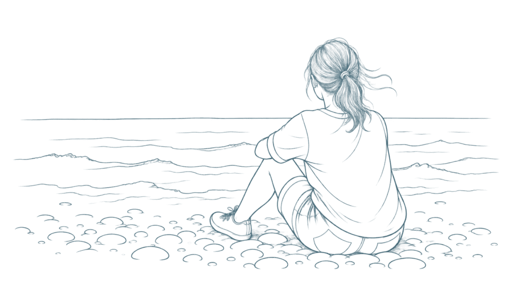 Illustration of Sarah Lucas sitting on Budleigh Salterton's pebble beach in East Devon.