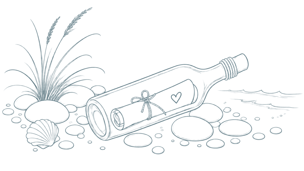 Sketch of  a message in a bottle.