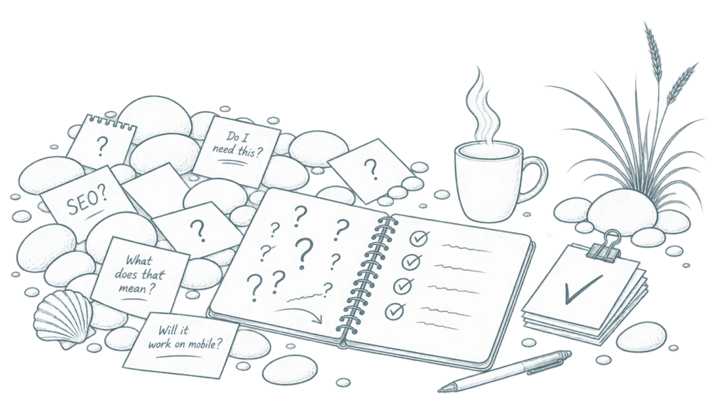 sketch of sticky notes and a pad of FAQs