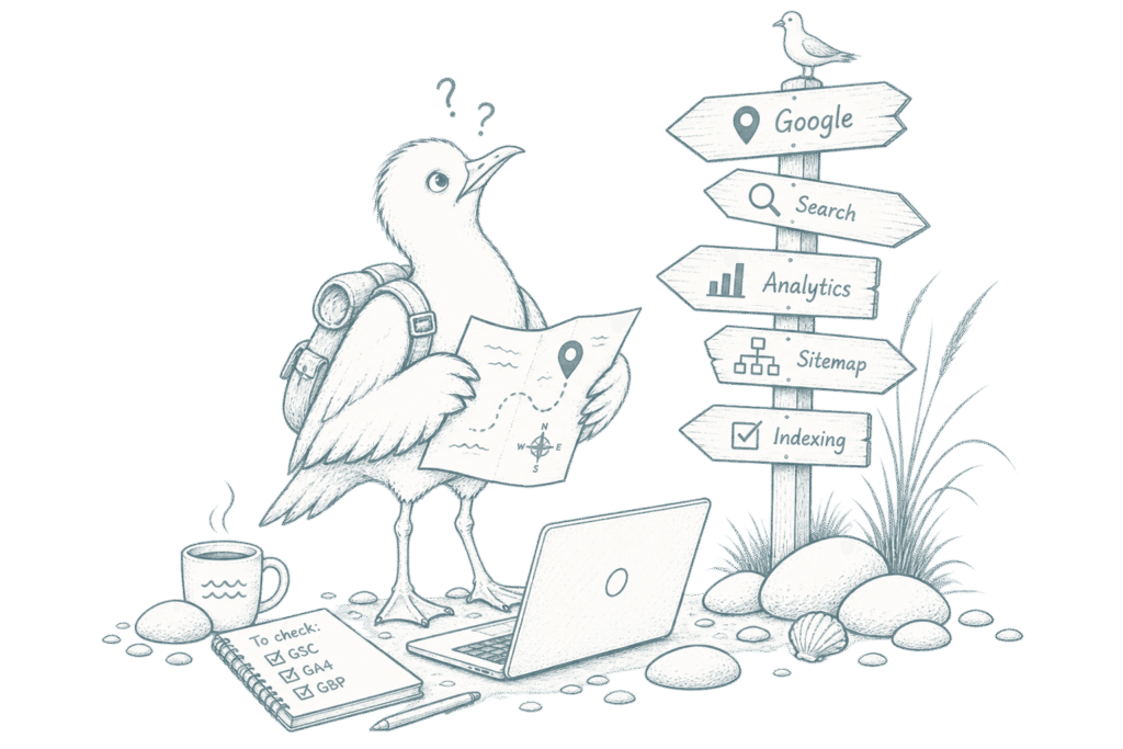 Illustration of a seagull in a backpack looking at a signpost with tech language on the signs