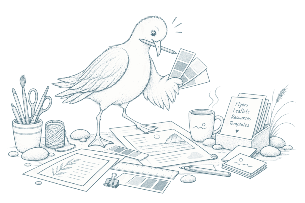 Illustration of a seagull surrounded by print options.