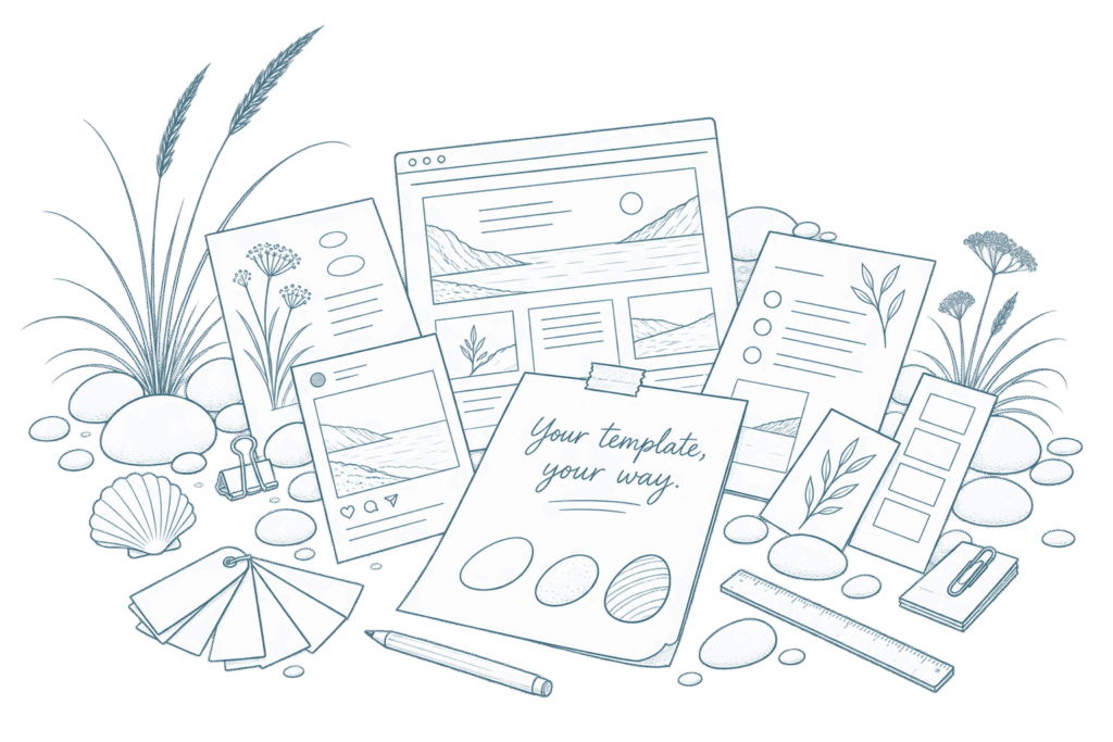 Sketch of various print materials branded on top of pebbles. 