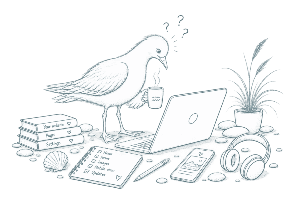 sketch of a seagull looking confused at a laptop screen. 