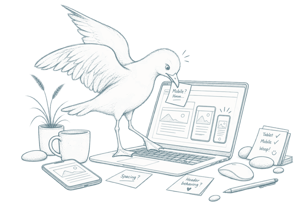 Illustration of a seagull getting frustrated at a mobile responsive layout