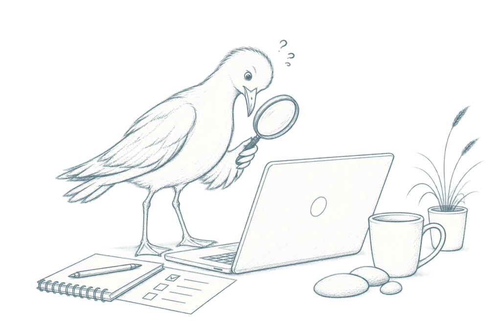 Line sketch of a confused seagull with a magnifying glass looking at a laptop screen.