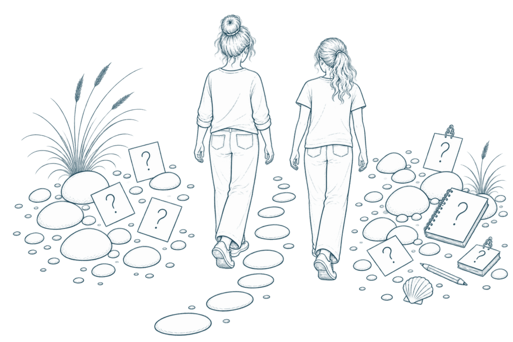 Two women sorting through chaotic pebbles representing technical jargon