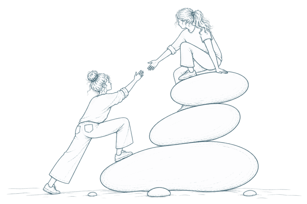Illustration of one woman helping another up a stack of pebbles.