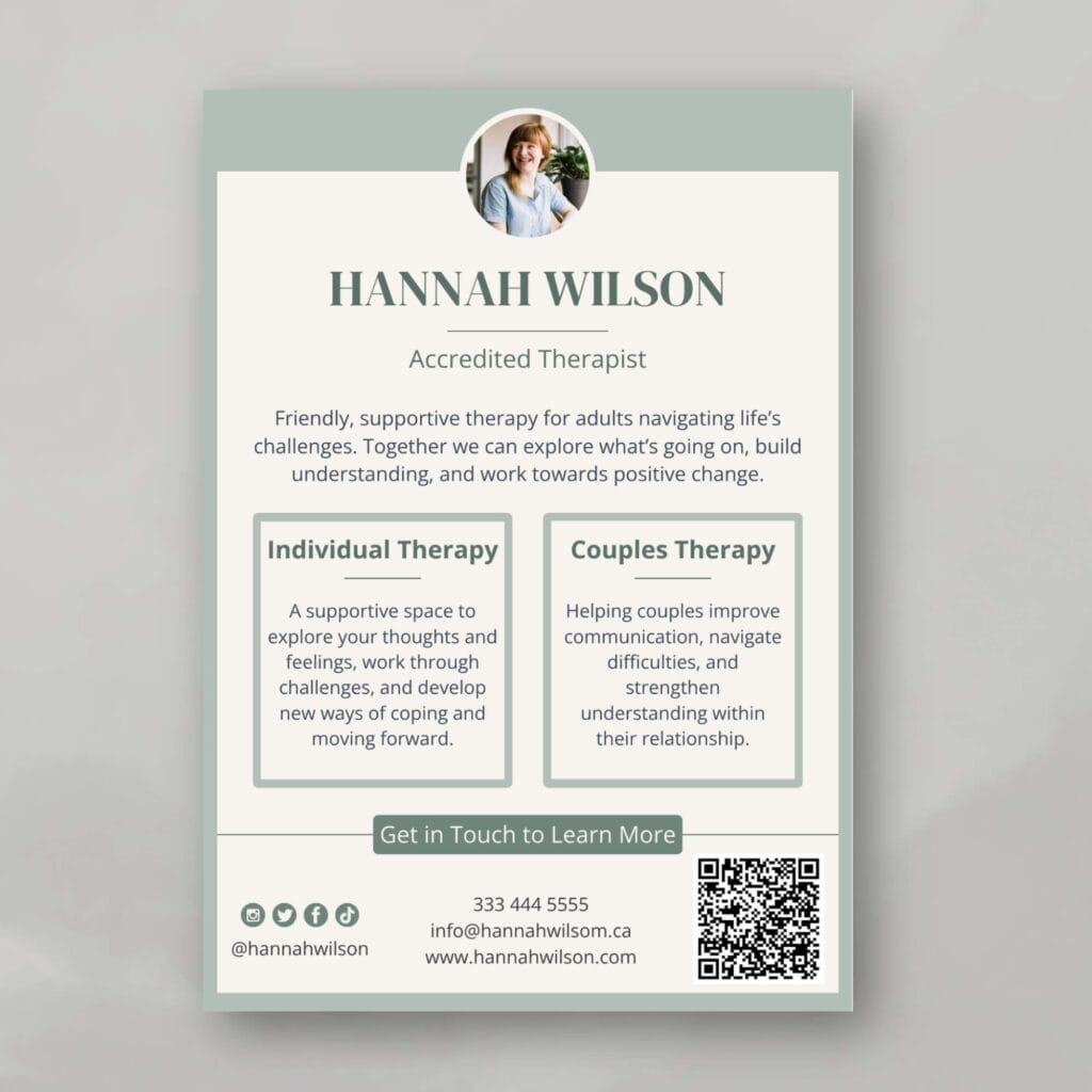 Single-sided therapist marketing flyer template in sage green and cream.
