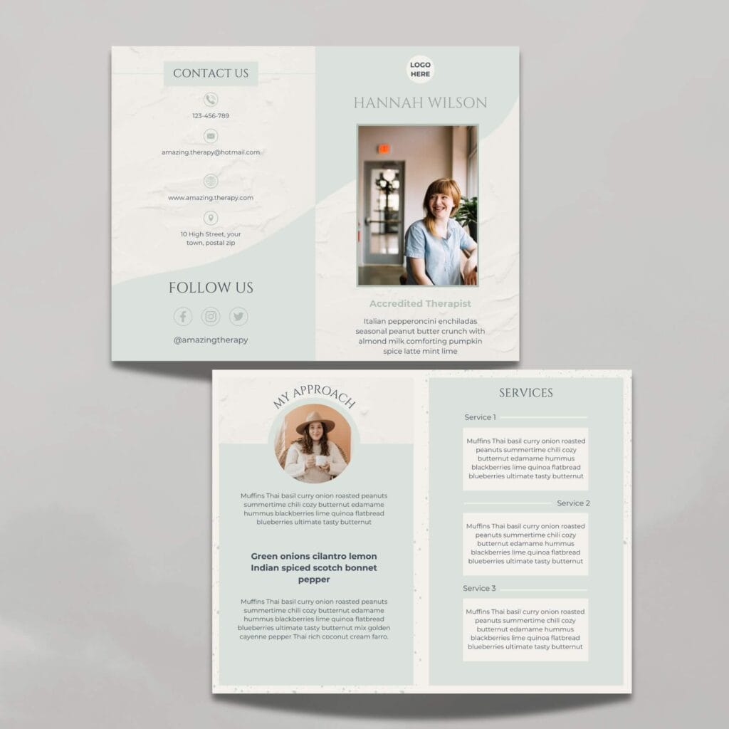Bifold brochure template for therapists marketing in light sage green and cream